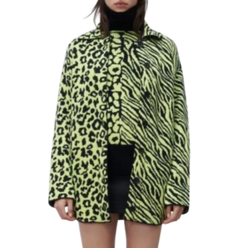 Zara Oversized Cardigan Sweater Knit Jacket Animal Print Neon Green Small NEW